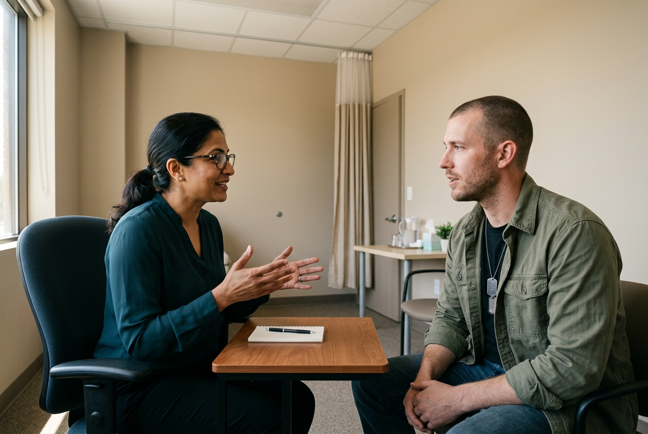 A South Asian female clinician speaking with a white male veteran in a neutral exam room