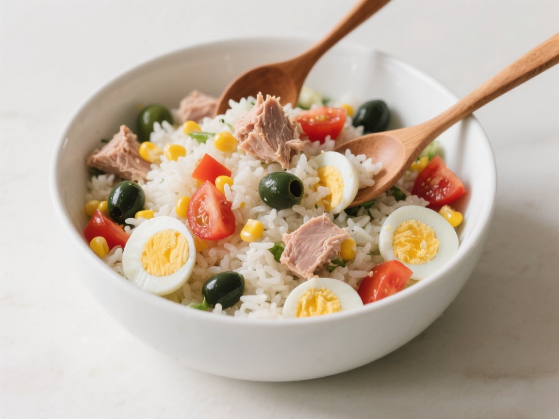 Salade de Riz Thon 7 Salade de riz au thon maison servie dans un bol blanc avec légumes colorés et herbes fraîches