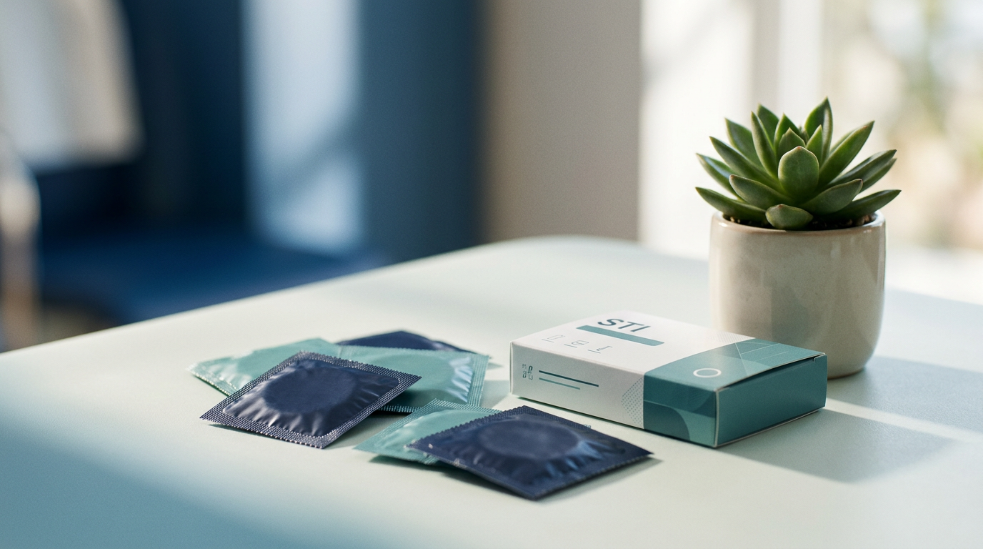 Discreet arrangement of condoms and an STI testing kit on a soft surface, representing safer sex and sexual health