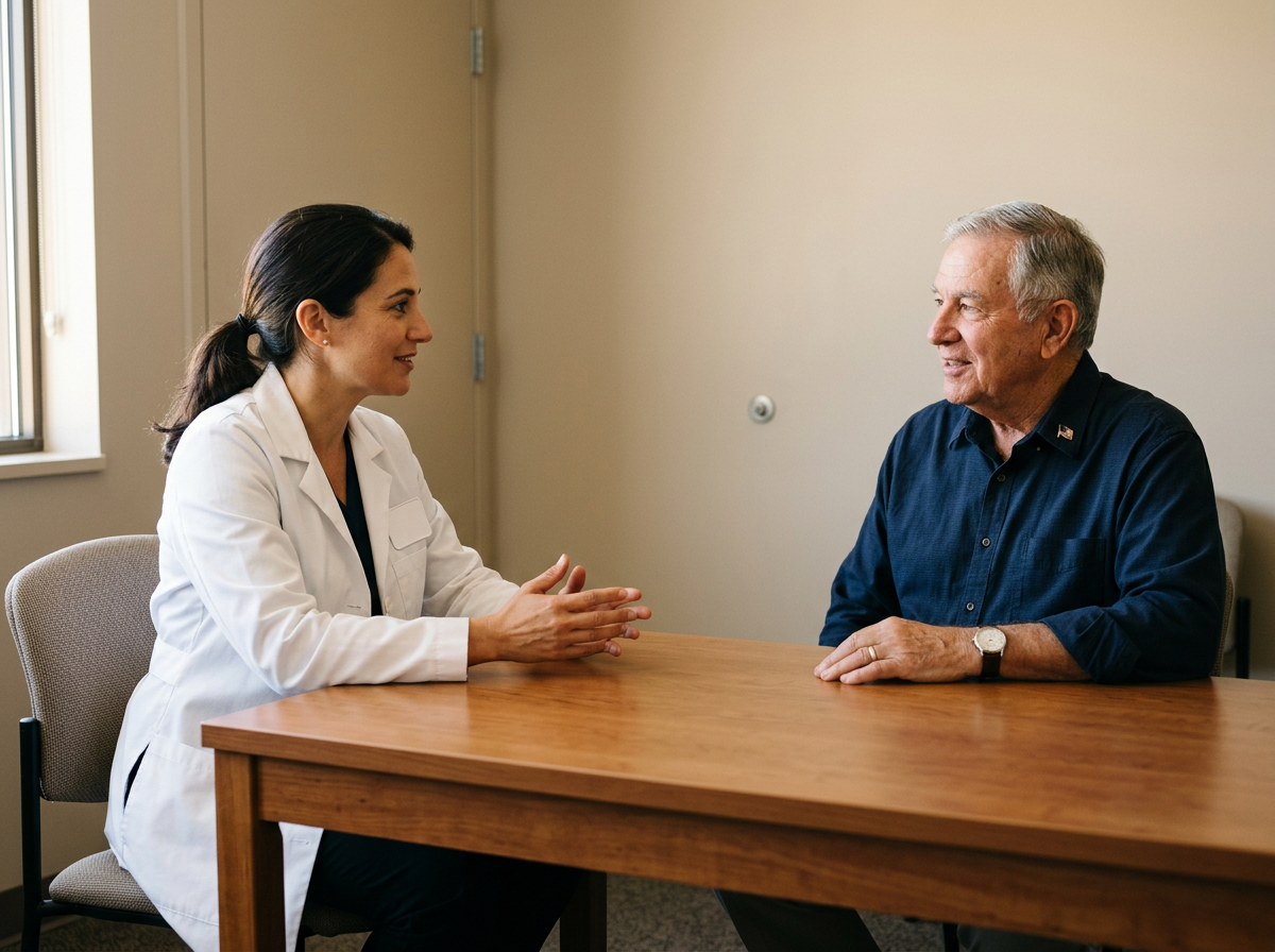 A physician having a face-to-face consultation with an older veteran patient in a clean medical office