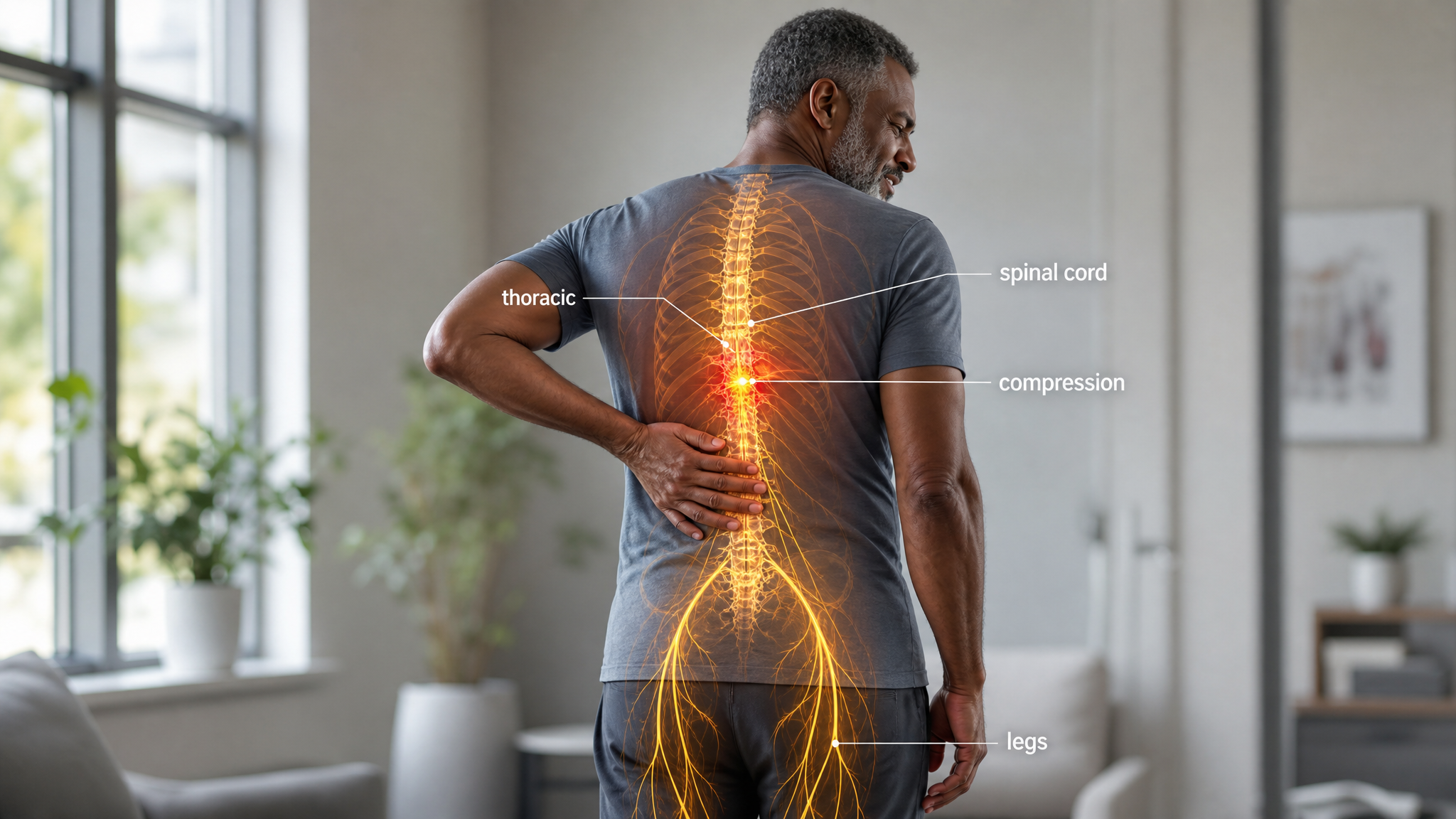A Black man in a bright room with his hand on his mid-back, the thoracic spine glowing warm amber with a red compression hotspot in the mid-thoracic canal and an amber glow tracking down toward the legs, floating labels reading thoracic, spinal cord, compression and legs