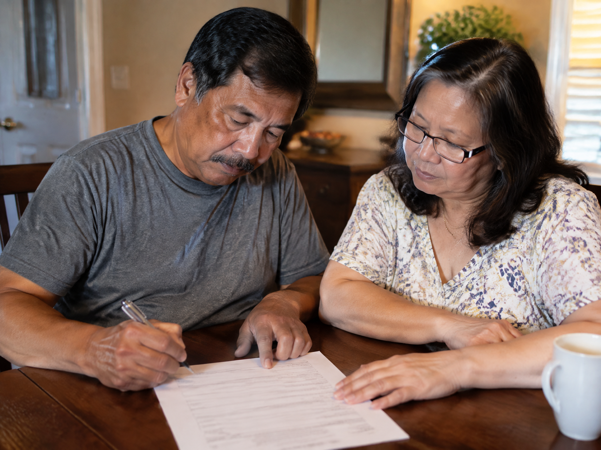 Veteran and his wife filling out a claim form together at their dining table