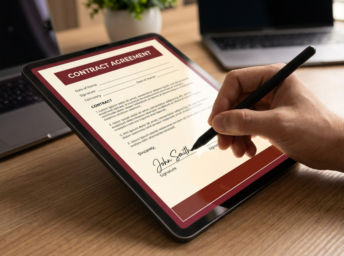 Firma digital en tablet con contrato visible