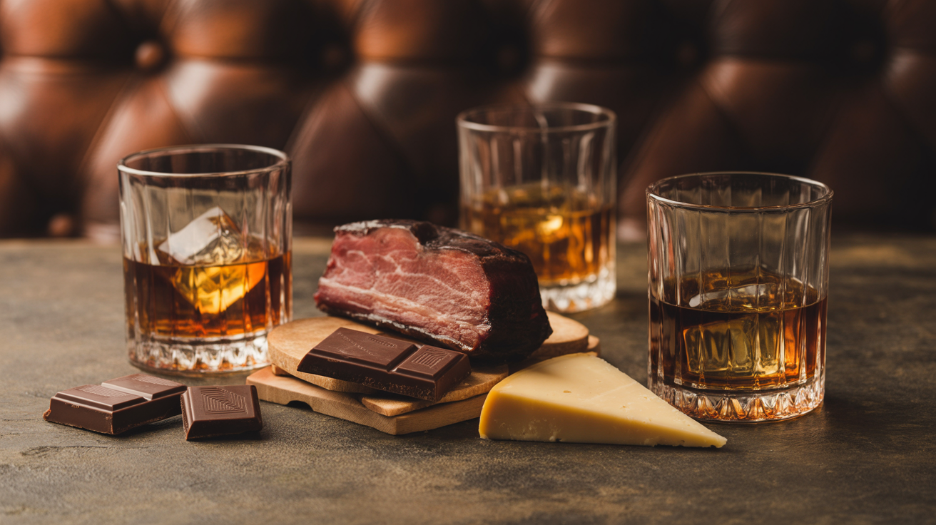 Premium whiskey in crystal glasses alongside smoked meats and dark chocolate for whiskey pairing guide