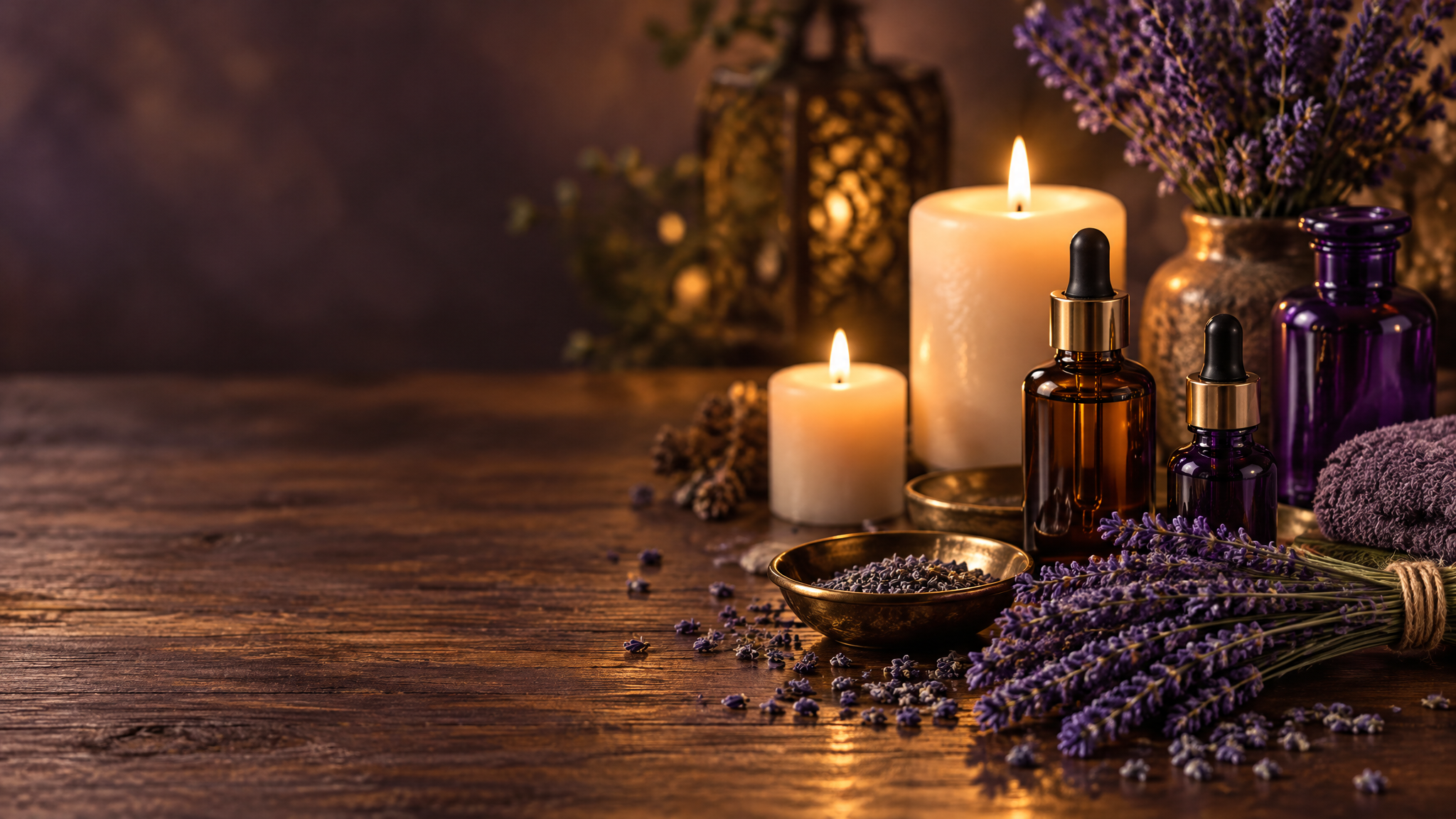 Aroma therapy setup with candles, essential oils, and lavender on a walnut surface