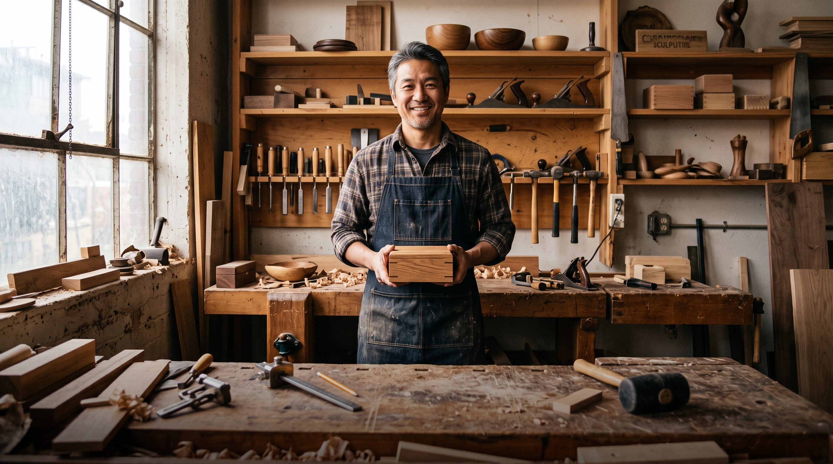 A veteran entrepreneur standing proudly in his own woodworking workshop