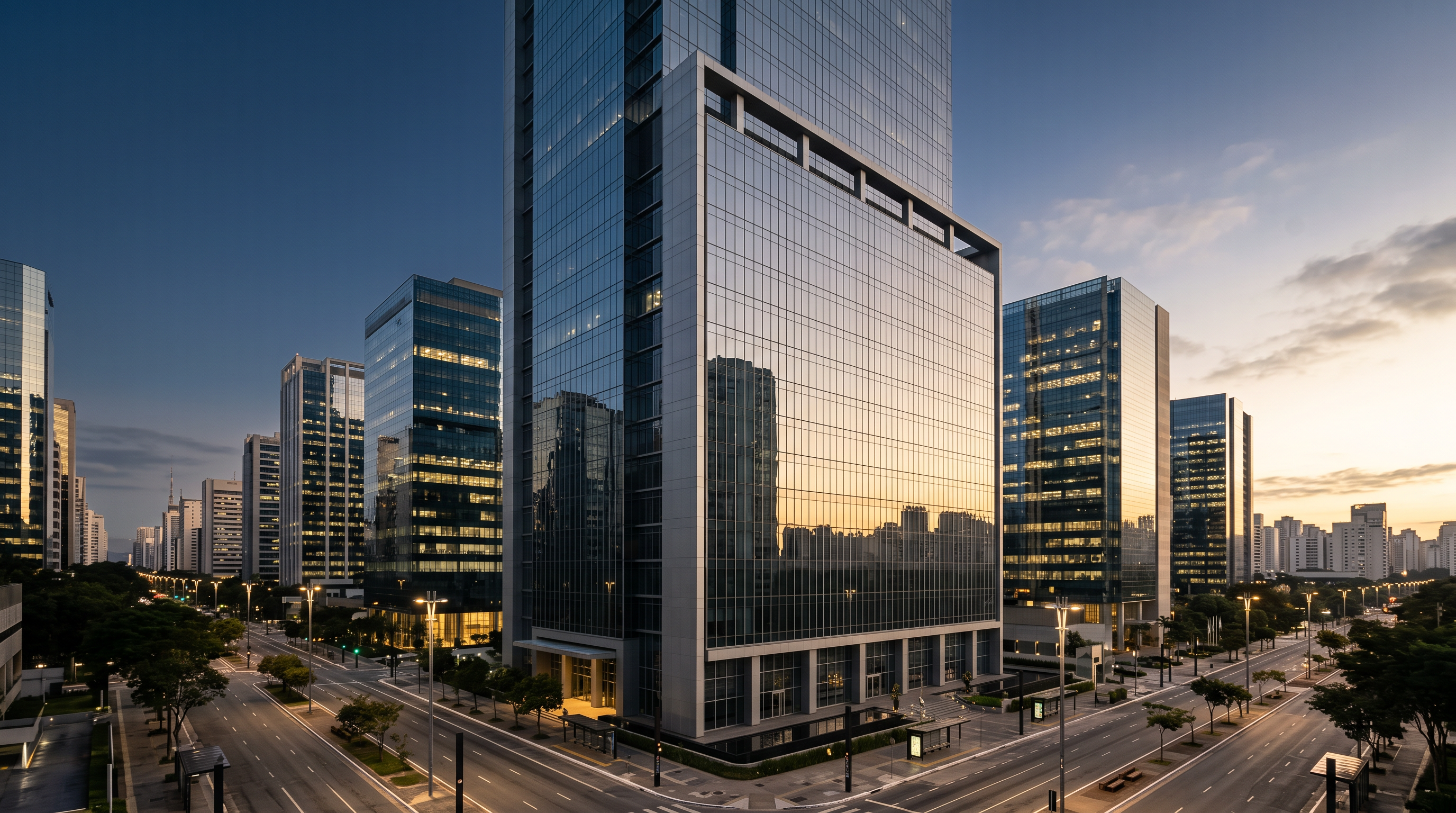 Edifício corporativo moderno ao amanhecer no centro financeiro de São Paulo