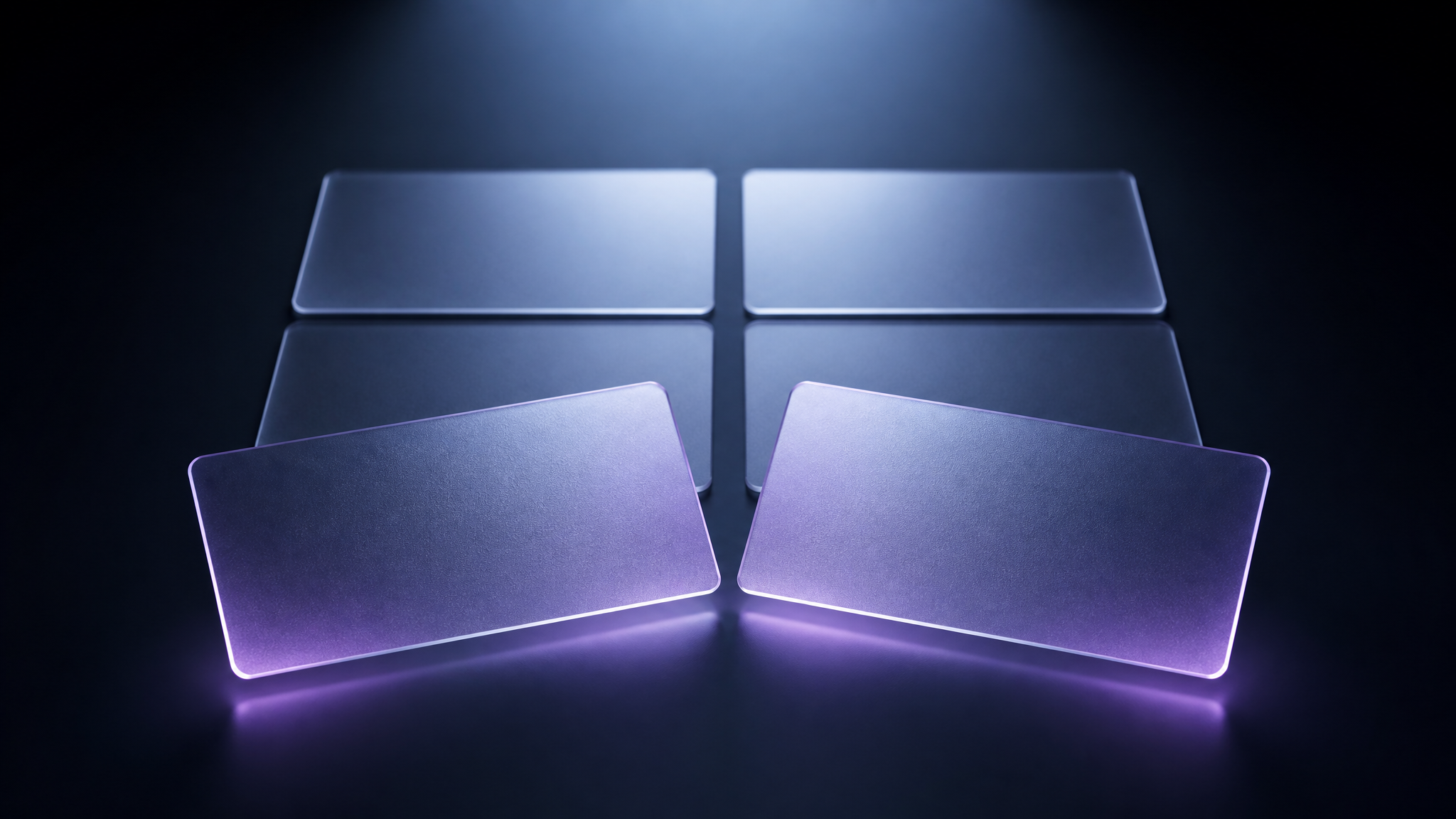 Six blank frosted glass cards floating in a row in the dark, two of them lifted forward and glowing violet, representing a shortlist of agencies being compared