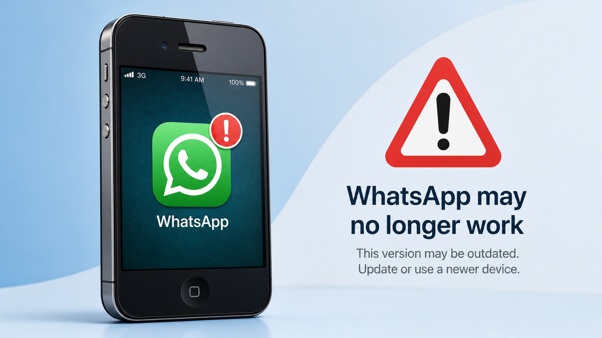 Celular antiguo con icono de WhatsApp y alerta de advertencia sobre fondo claro