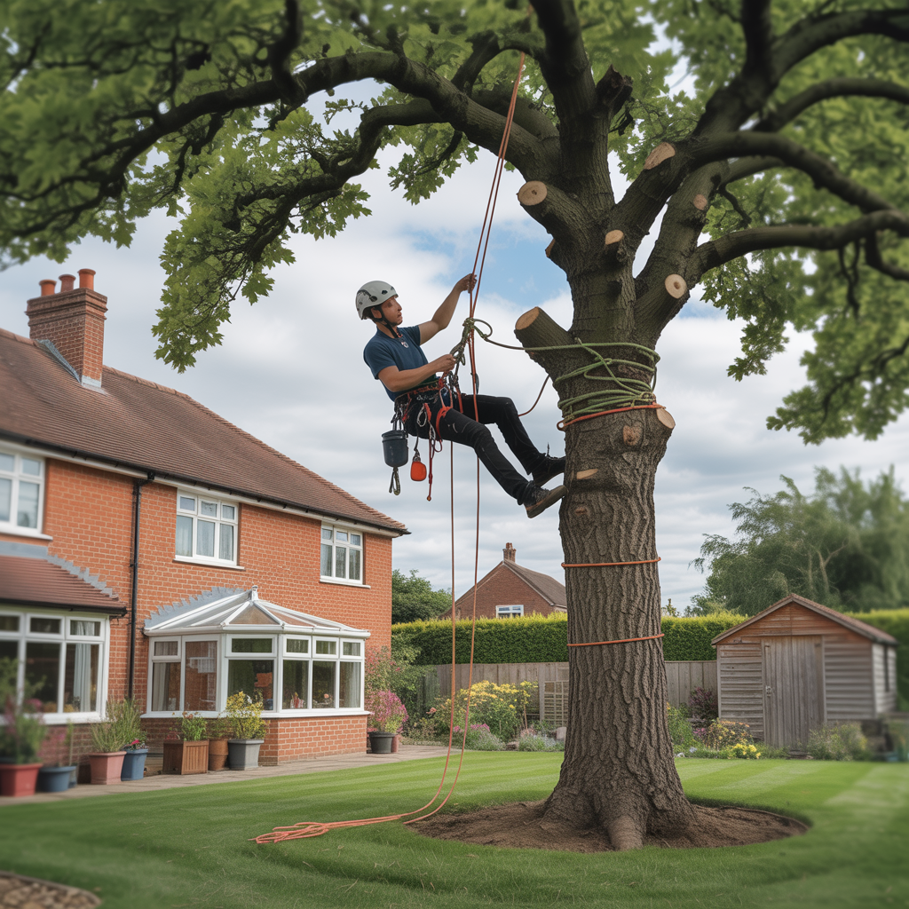 Arborist climbing mature tree with safety gear
