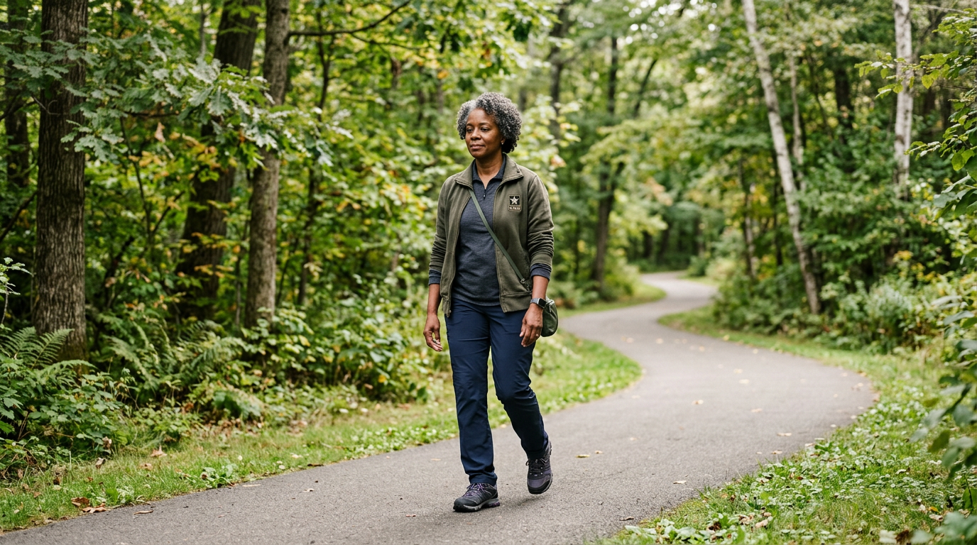 Black woman veteran in her 50s walking outdoors in a park, calm and reflective