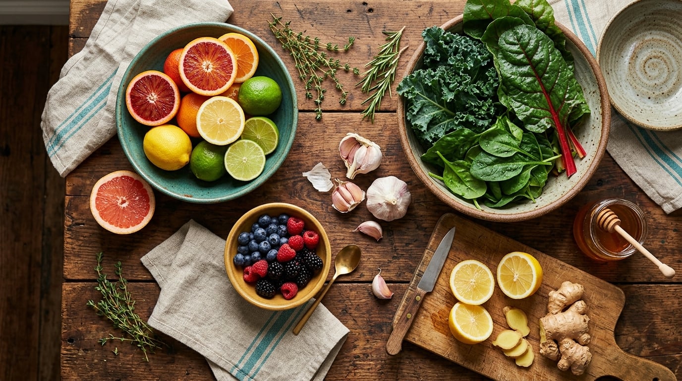 Colourful immune-supporting foods rich in nutrients arranged on a table