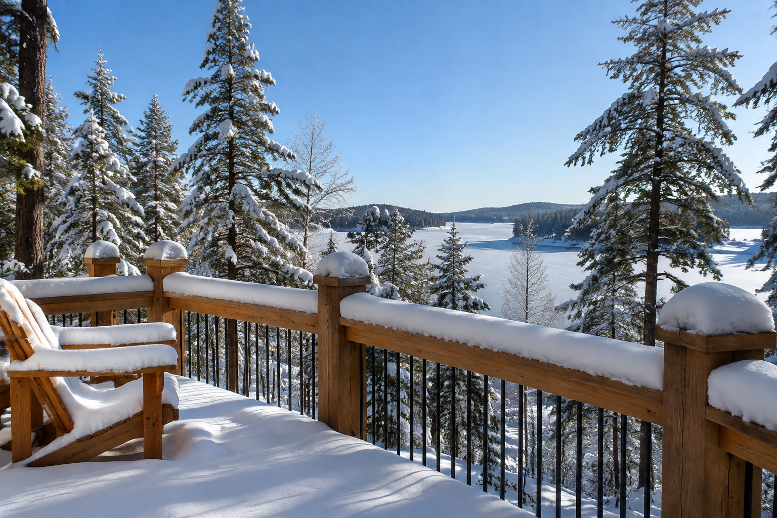 Cedar deck in winter with snow on railings and frozen Muskoka lake in background