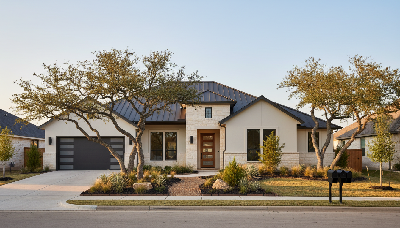 Leander, Texas modern single-family home exterior at golden hour with Hill Country light and limestone accents