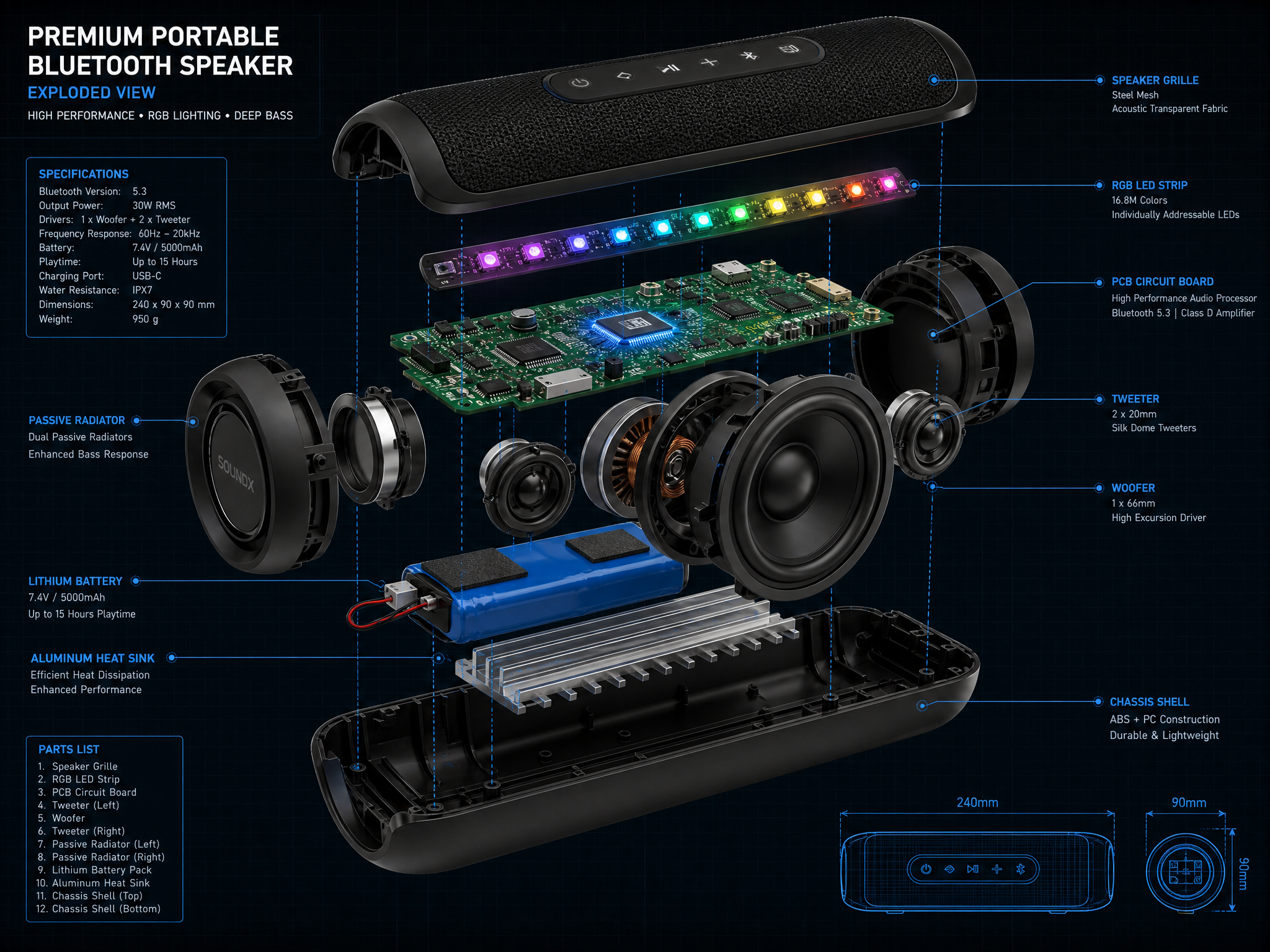 Exploded view of Stroboscopic Speaker showing all internal components separated: control panel, LED array ring, PCB board with blue traces, dual speaker drivers, battery pack, USB/AUX ports module, and aluminum chassis