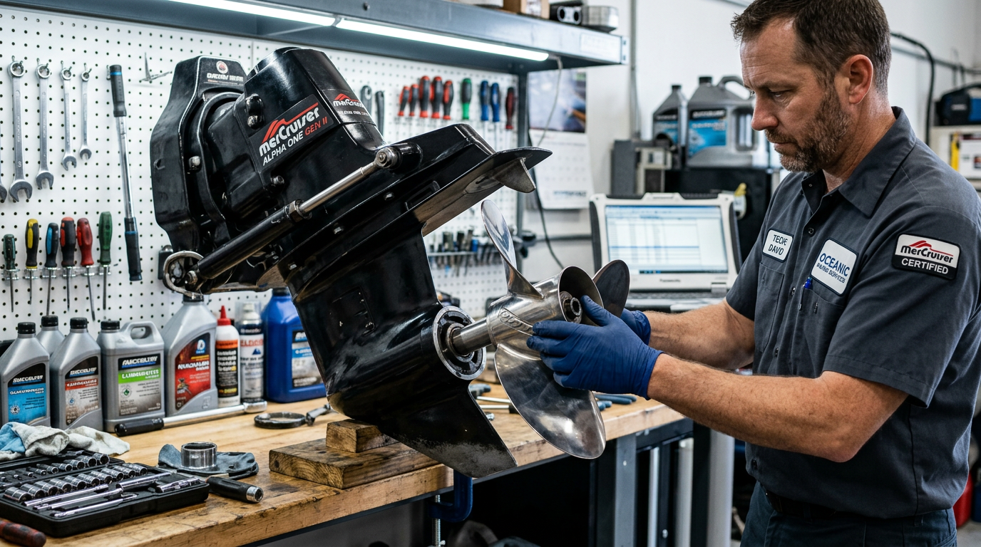 Marine technician checking propeller rotation direction on a MerCruiser Alpha One Gen II sterndrive on a workshop bench