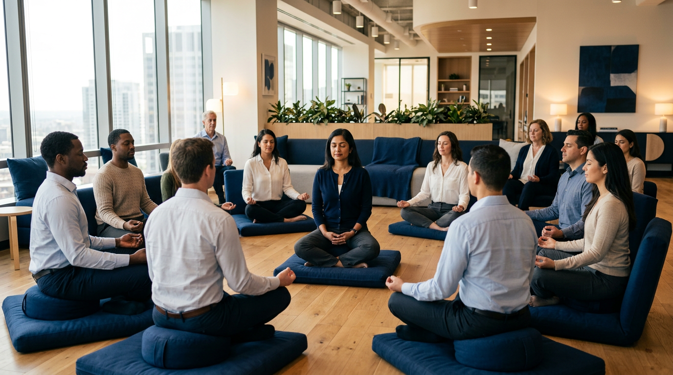 Grupo de profissionais em sessão de mindfulness coletiva no escritório moderno