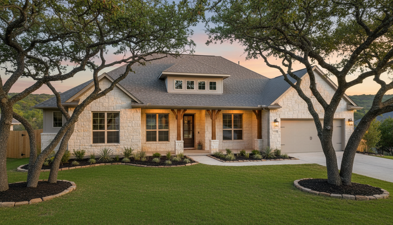 Northwest Austin single-family home with limestone accents and mature oaks at golden hour
