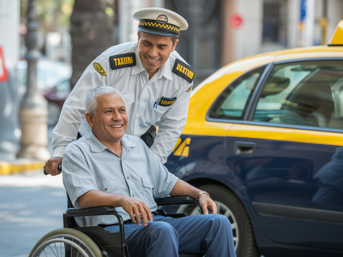 Chofer profesional asistiendo a pasajero en silla de ruedas para abordar taxi accesible