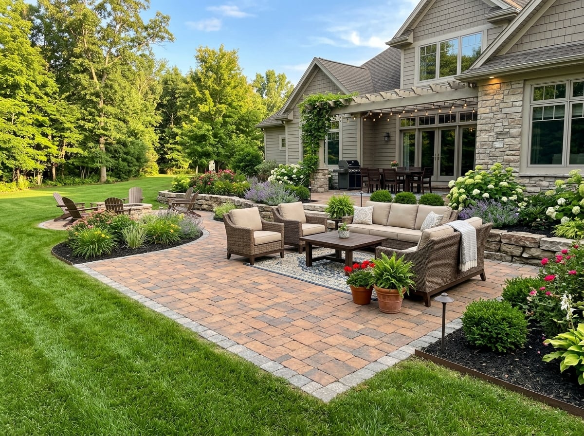 Finished backyard patio with interlocking pavers and landscaping