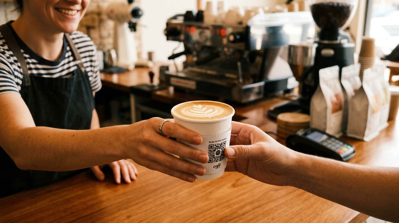 A barista handing over a beautifully crafted coffee with a QR code on the cup sleeve