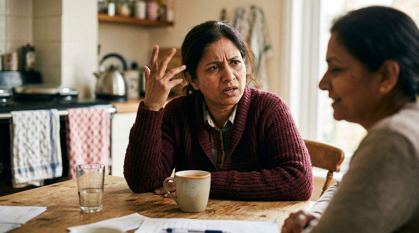 A South Asian female veteran in her forties pausing mid-conversation searching for a word while a clinician listens, representing communication and word-finding difficulty after a brain injury