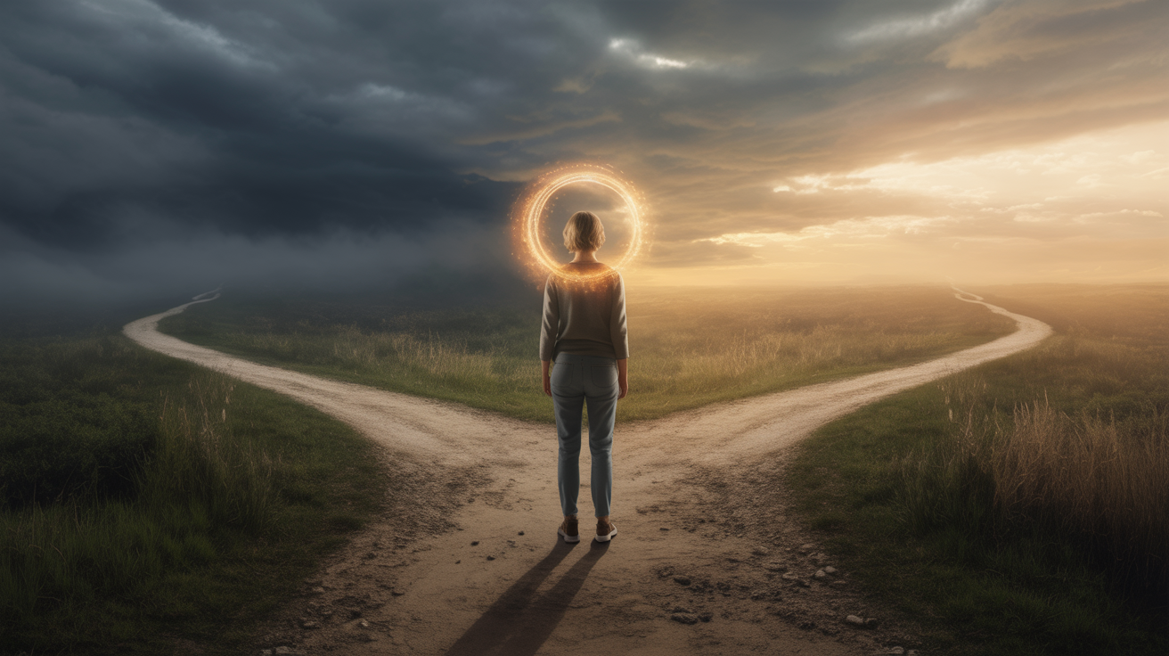 Žena srednjih godina stoji na raskrsnici dva puta — jedan vodi nazad u tamu i haos, drugi u svetlost — sa zlatnim sjajem oko glave koji simbolizuje metanoju. Metanoja i Kundalini buđenje — osoba stoji na raskrsnici između ega i duhovne transformacije