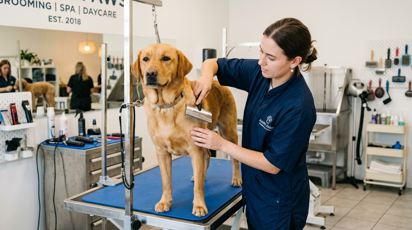 A friendly dog being gently groomed at a professional pet salon with a groomer brushing its coat