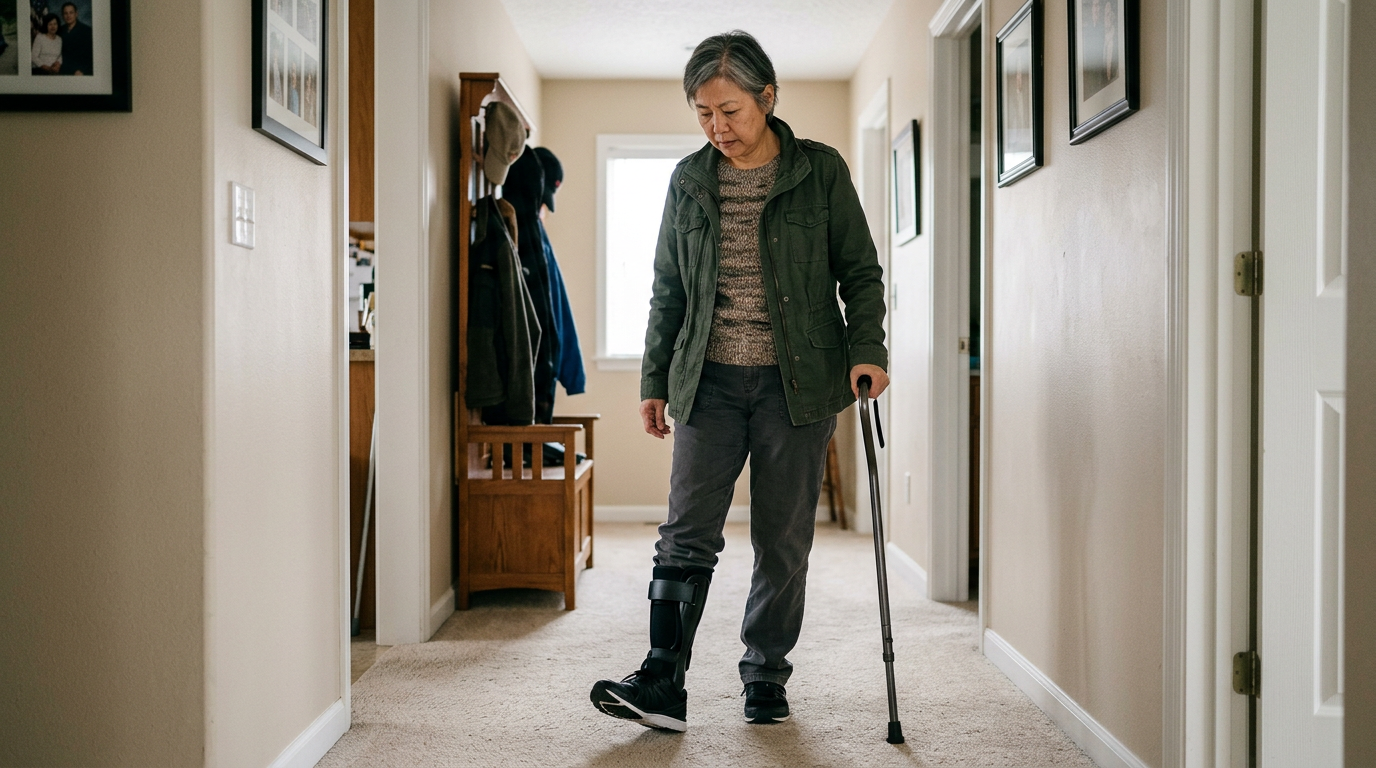 East Asian female veteran in her 60s mid-stride with a foot-drop gait wearing an ankle-foot brace