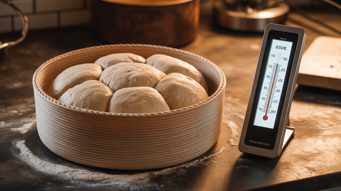 Banneton with shaped sourdough dough next to kitchen thermometer