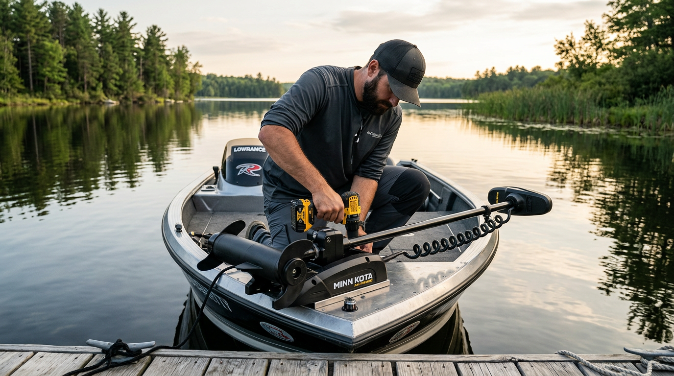 Angler mounting a bow-mount trolling motor on the front of a fishing boat on a calm lake