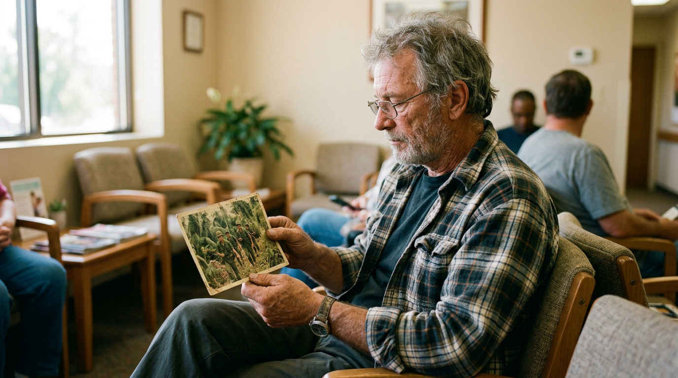 A Vietnam-era veteran holding an old service photo in a clinic waiting room