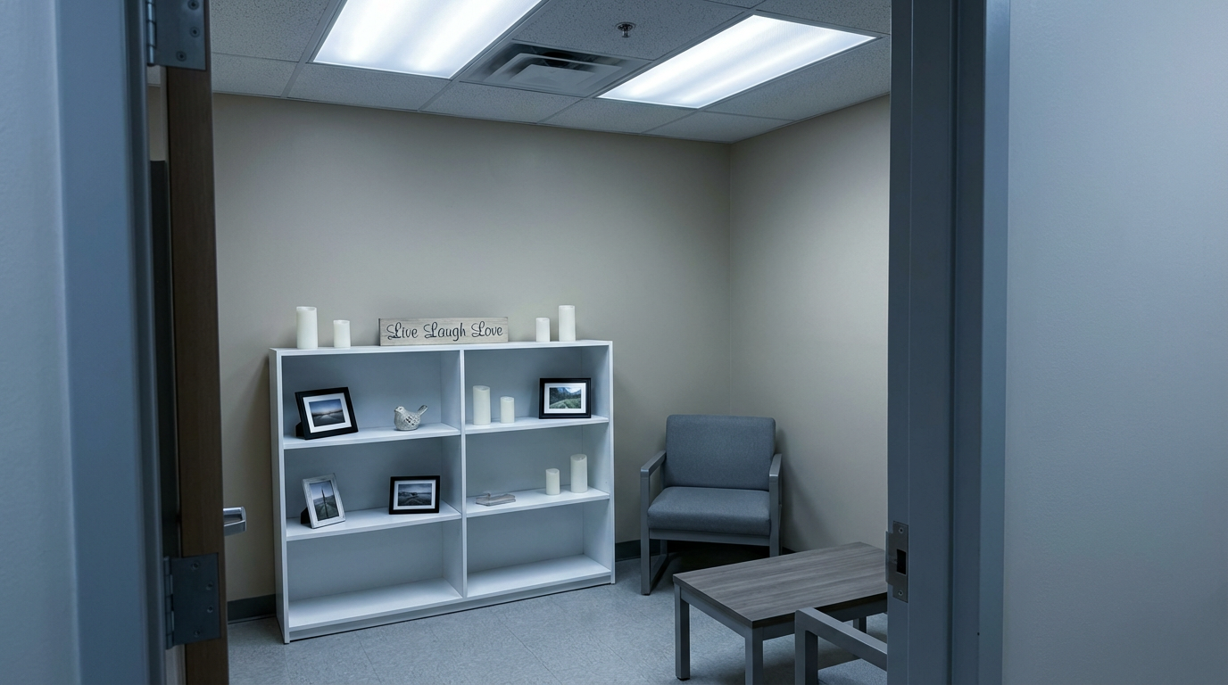 A cold, sterile living room lacking warmth or personal meaning