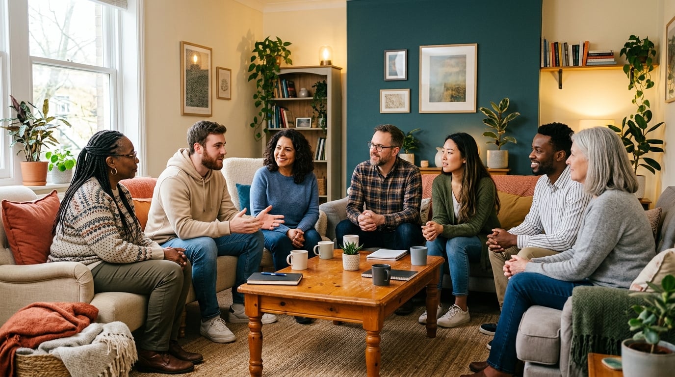 A diverse group of people sitting together in a warm, welcoming support circle