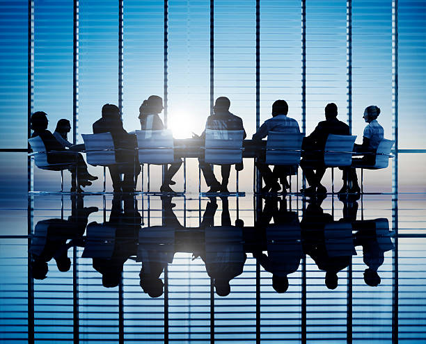 Professional team silhouettes in boardroom strategic planning