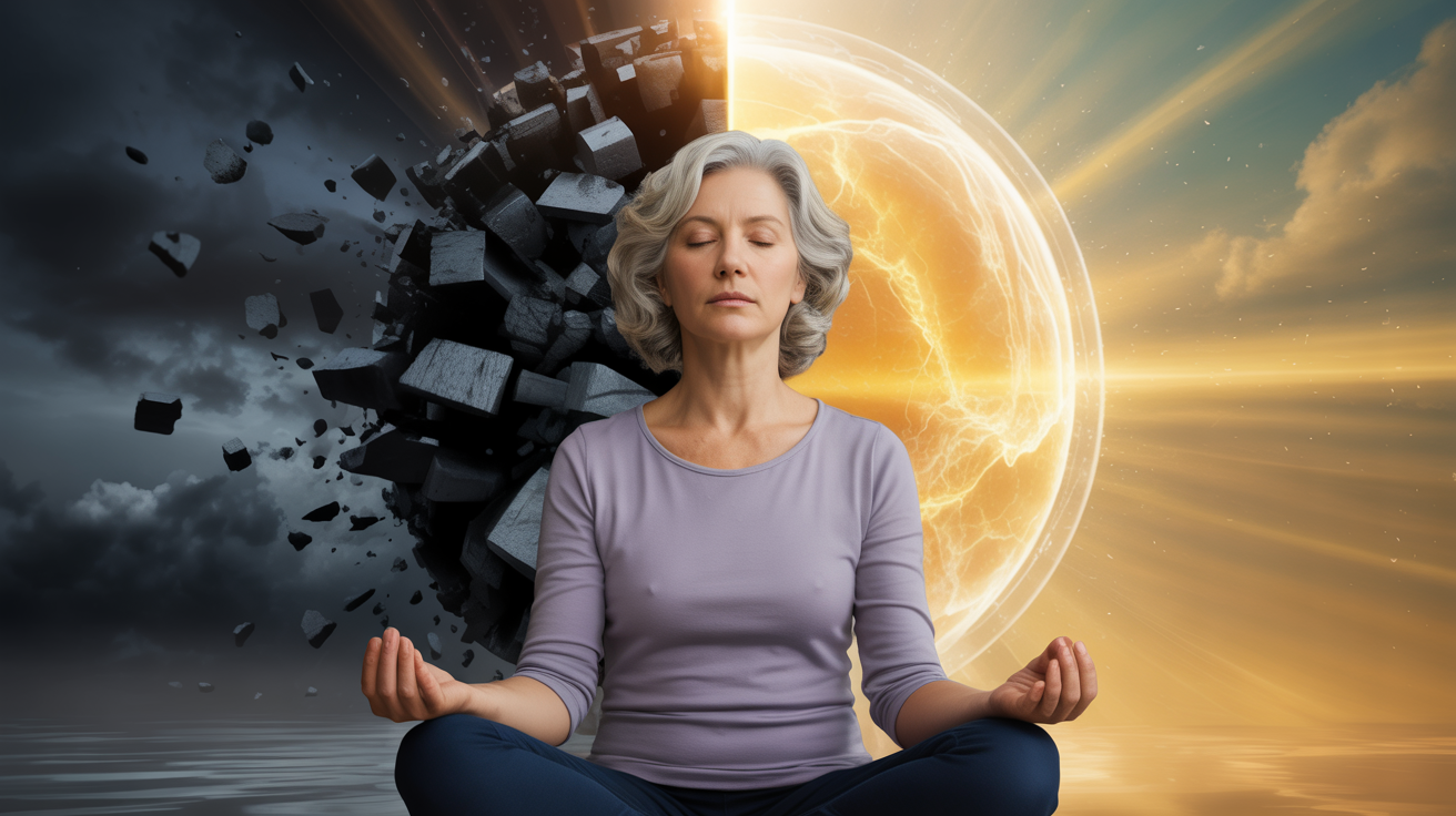 Starija žena sa sedom kosom sedi u meditaciji između dva sveta — levo je taman, haotičan svet Kenome, desno je svetao, harmoničan svet Plerome. Kundalini buđenje i metanoja — raspad ega i transformacija svesti kroz energiju