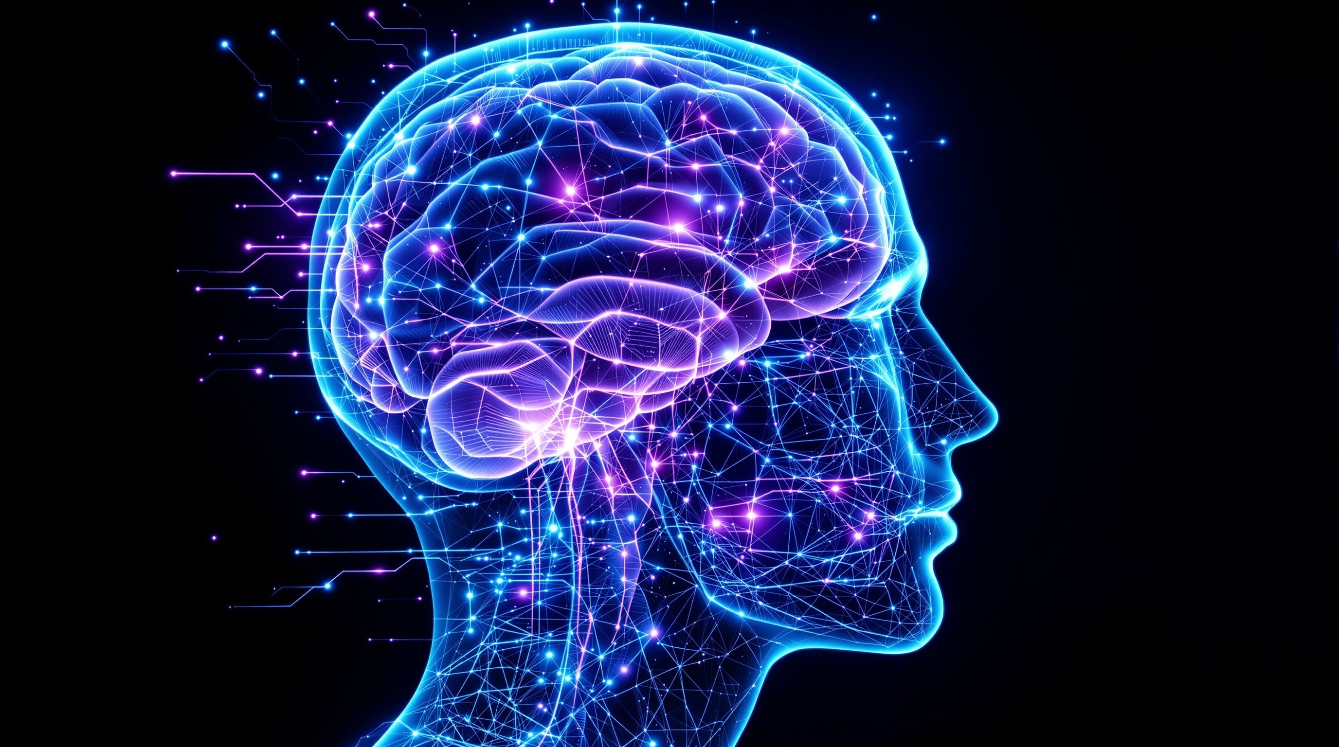 Digital human brain with neural network connections and glowing data signals representing how technology reshapes cognition and brain activity