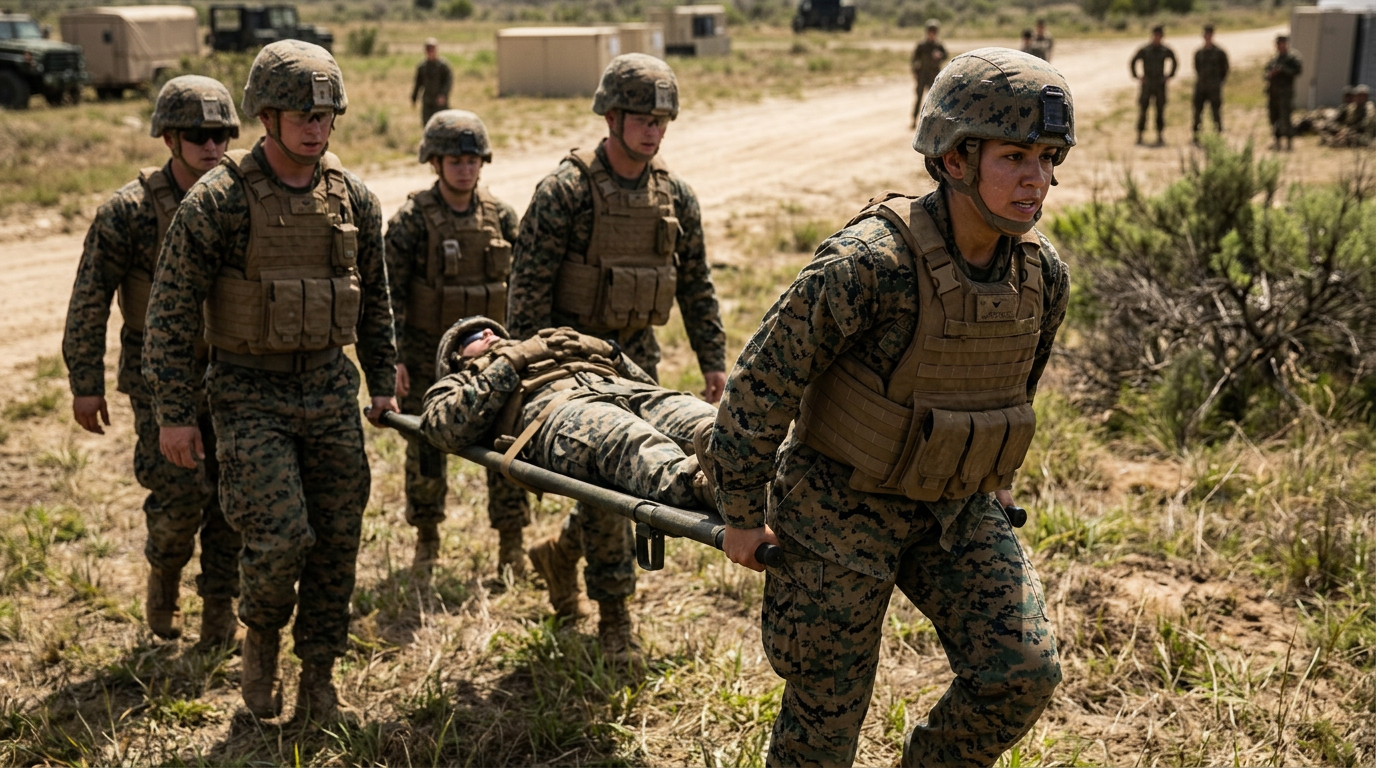 A Hispanic woman U.S. Marine in her late twenties helping carry a loaded casualty litter with other Marines, knees bent and lower back bearing the weight, clear lumbar strain