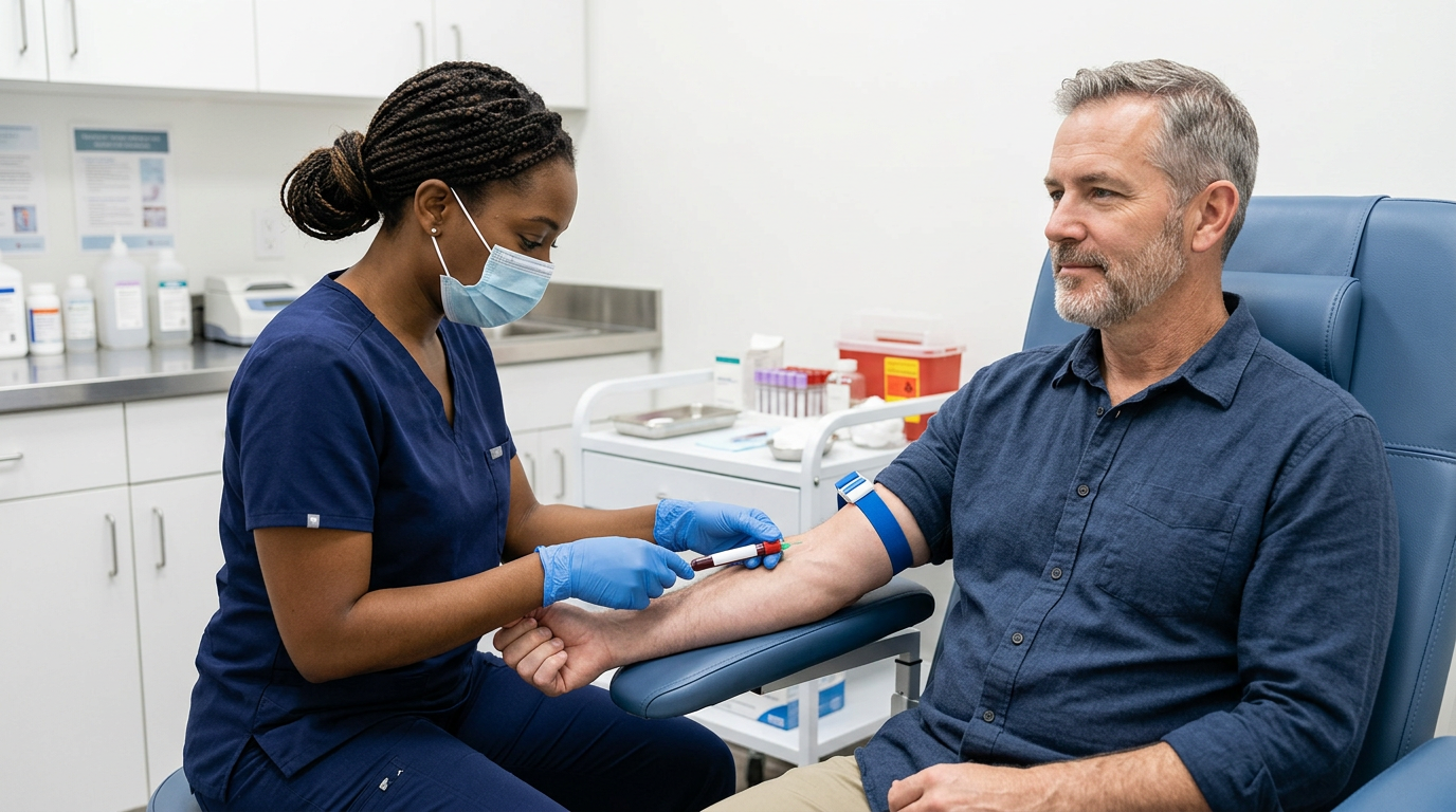 Phlebotomist drawing blood from a veteran for testosterone and hormonal testing