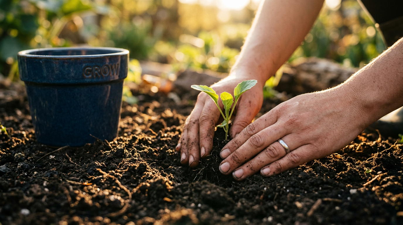 Mãos plantando muda em solo fértil representando crescimento através de esforços consistentes