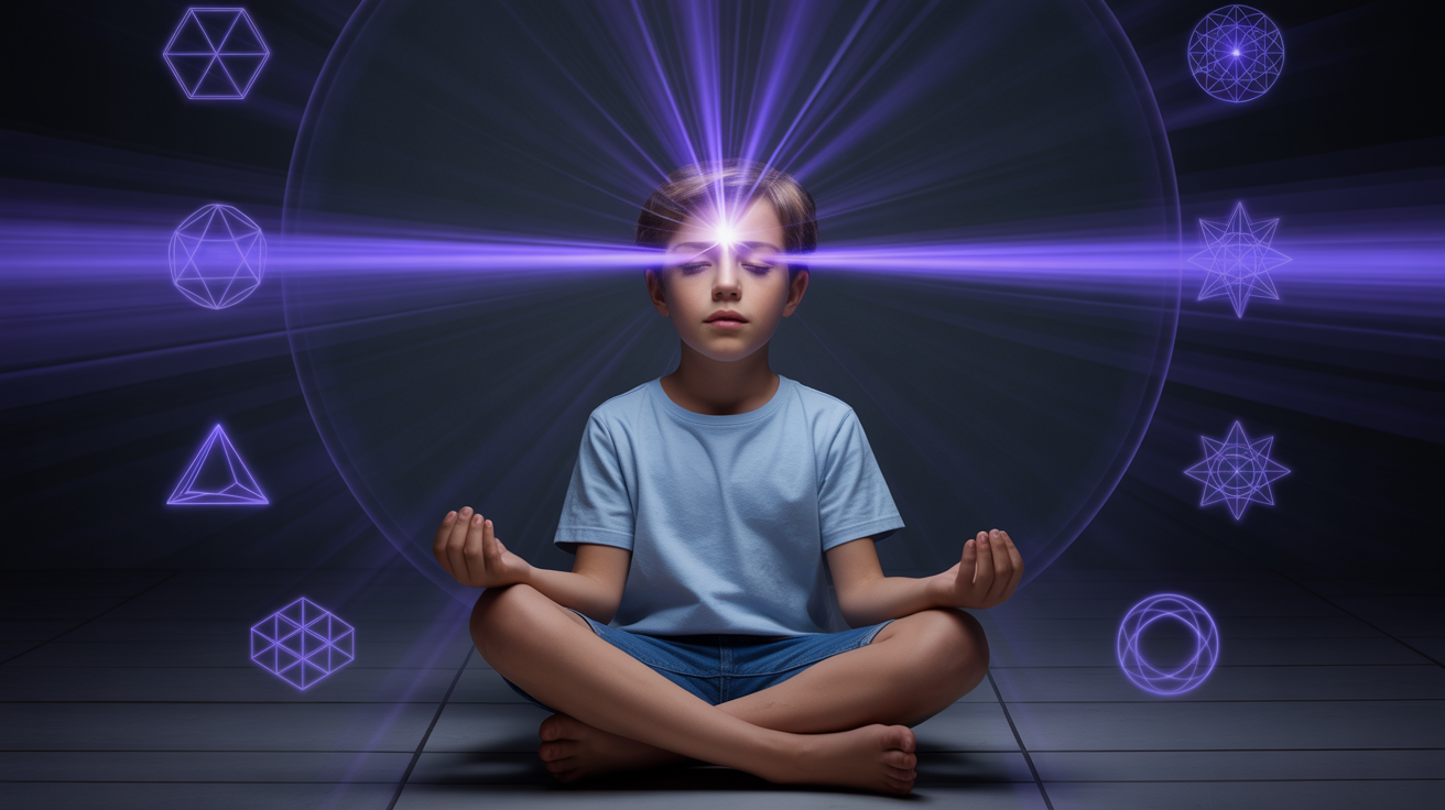 Dečak sedi u meditaciji u tamnoj sobi sa indigo energetskom sferom između obrva i svetom geometrijom koja lebdi oko njega — Adžna čakra