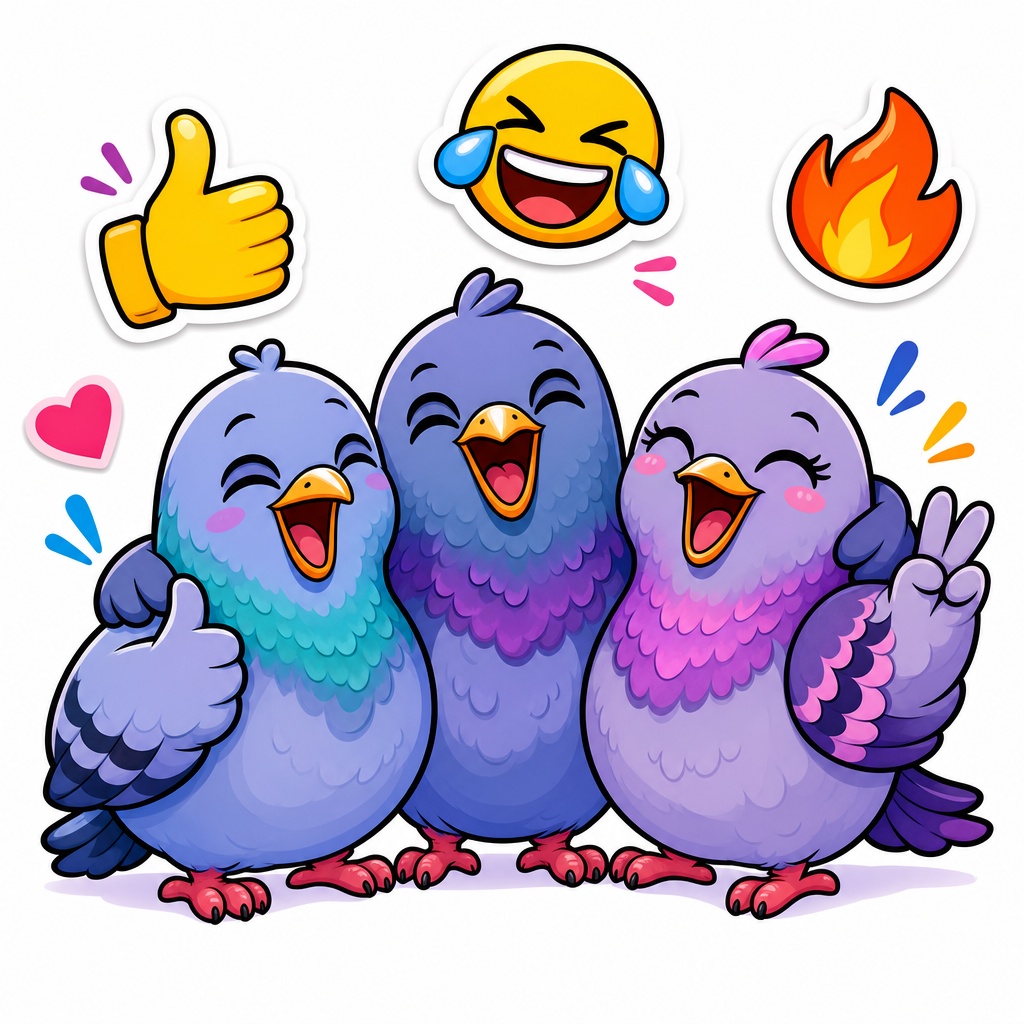 A group of pigeon characters in a lively group chat using various fun stickers together