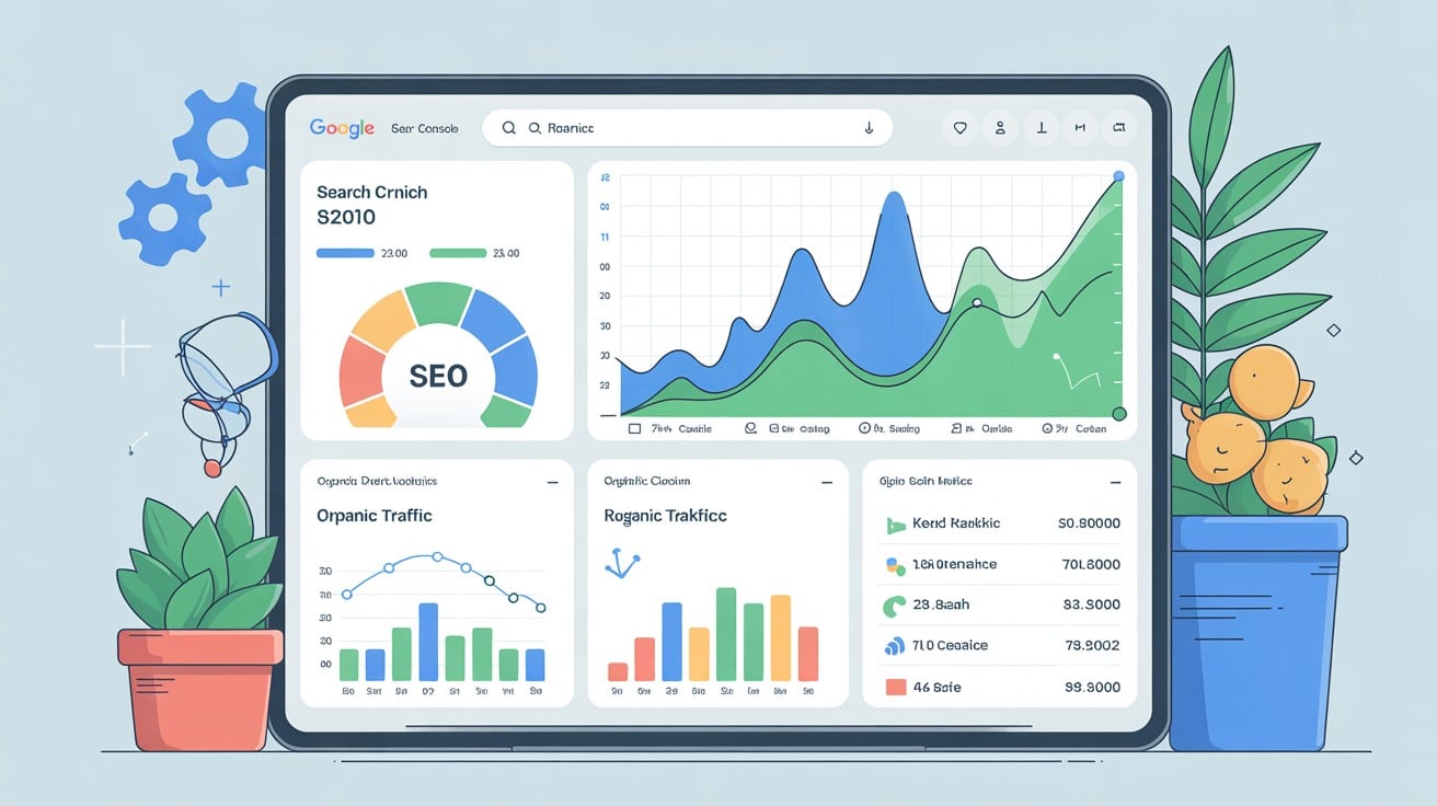 SEO analytics dashboard showing keyword rankings and organic traffic metrics