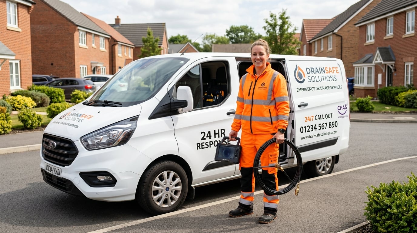 Tom Tevlin, owner of Smarter Drainage Ltd, standing next to a service van