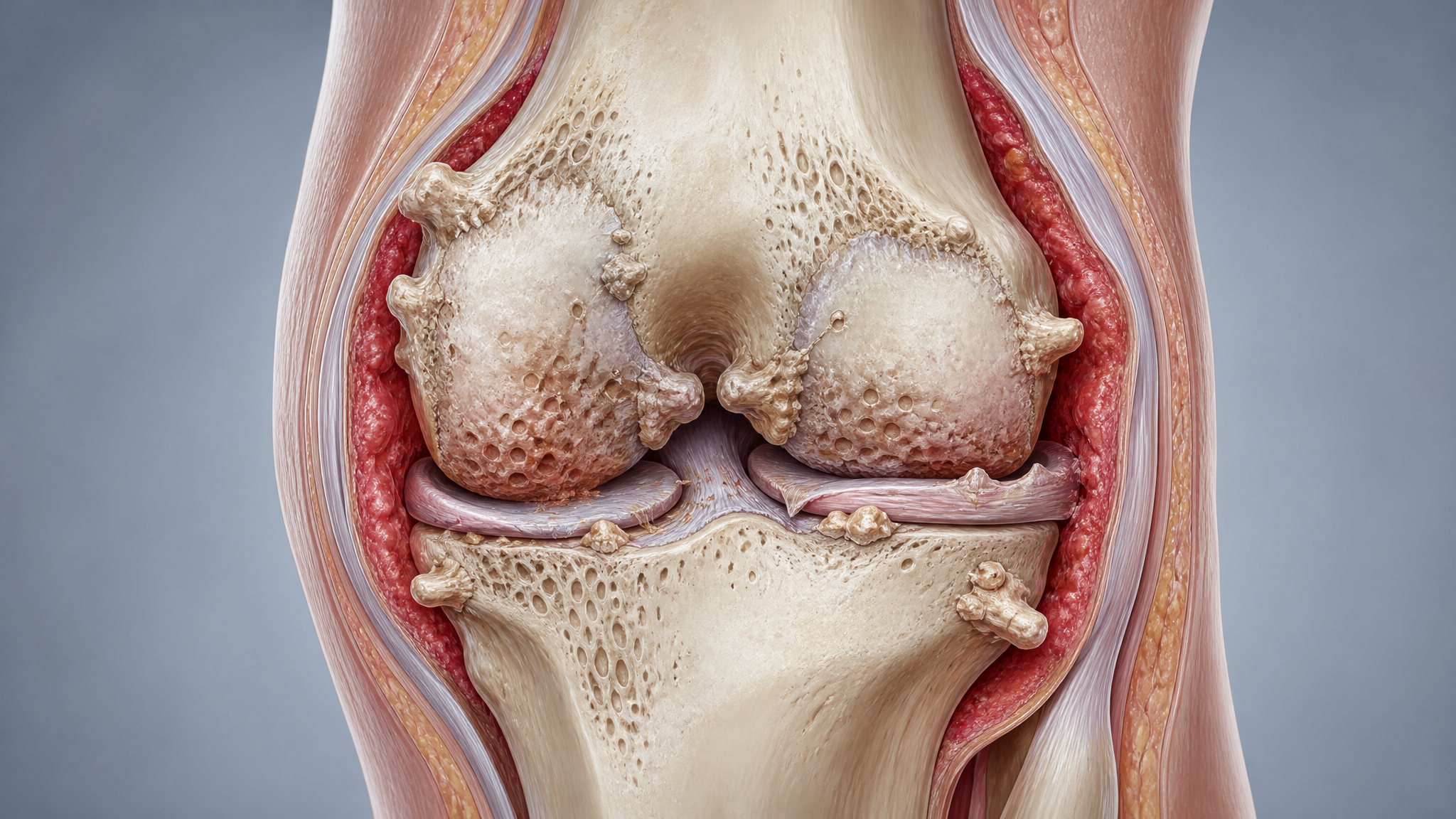 Medical cross-section of an arthritic knee showing worn-away cartilage, exposed subchondral bone, bony osteophyte spurs, and inflamed synovium