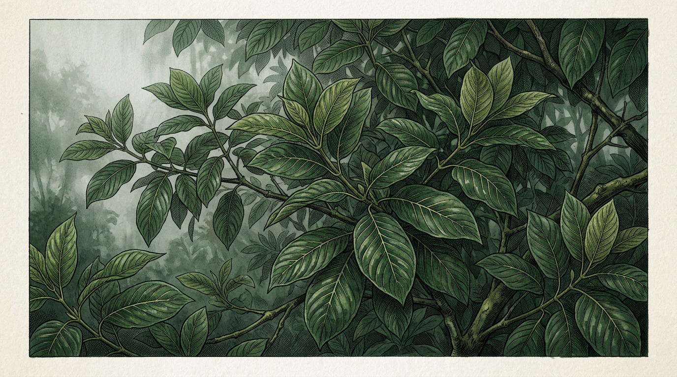 Illustration of a kratom tree canopy in a misty tropical rainforest