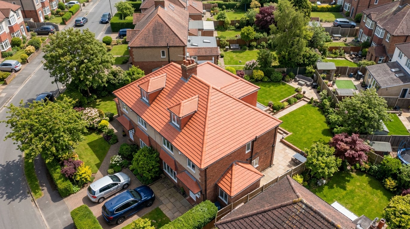 Aerial view of a freshly completed new roof