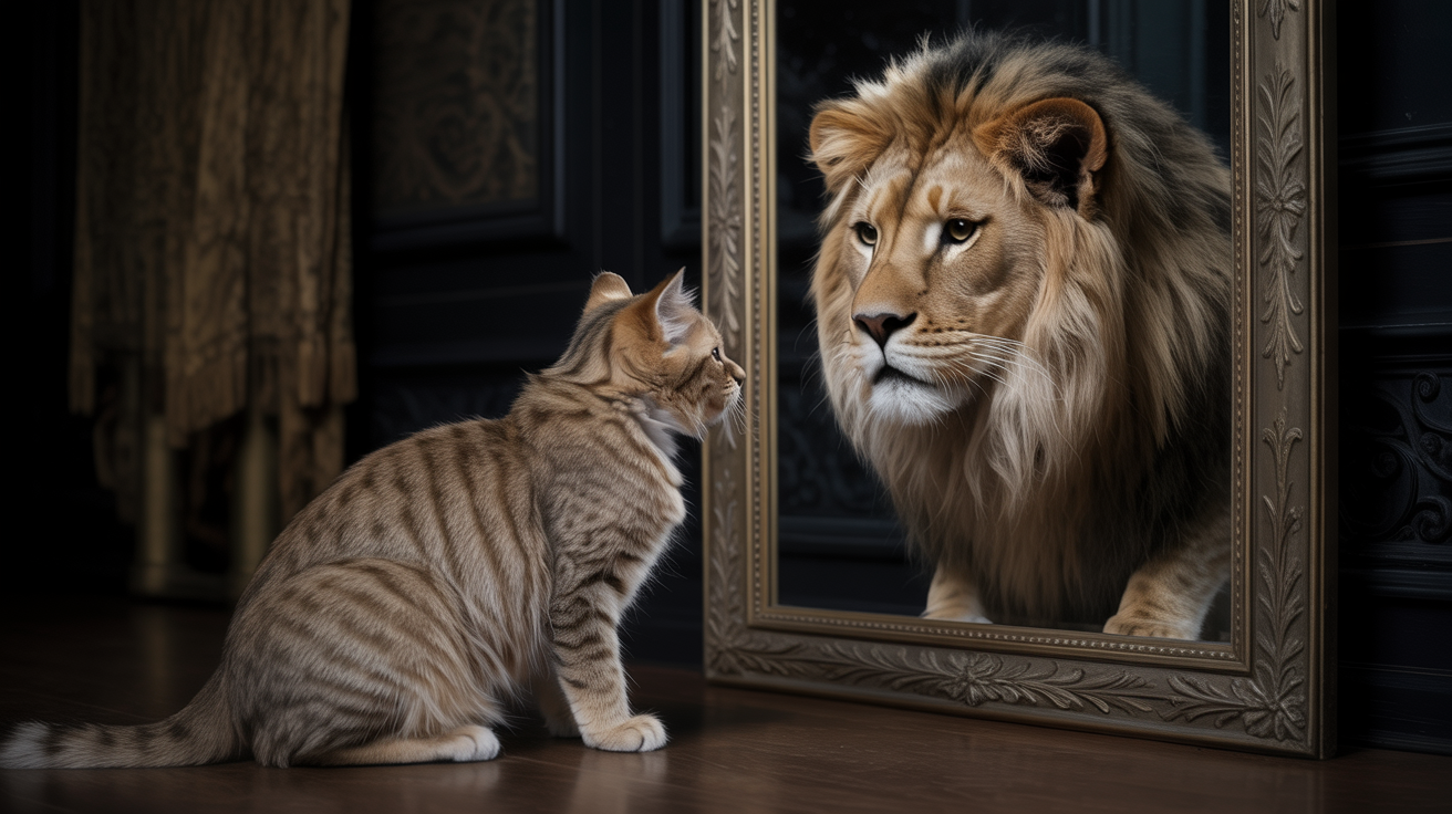 Gato vendo leão no espelho