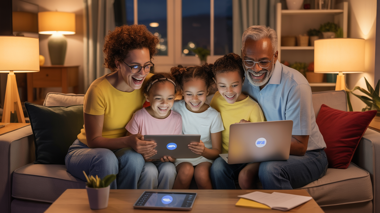 Happy African American families gathered around laptops learning finances together during a Financial Slumber Party Zoom session