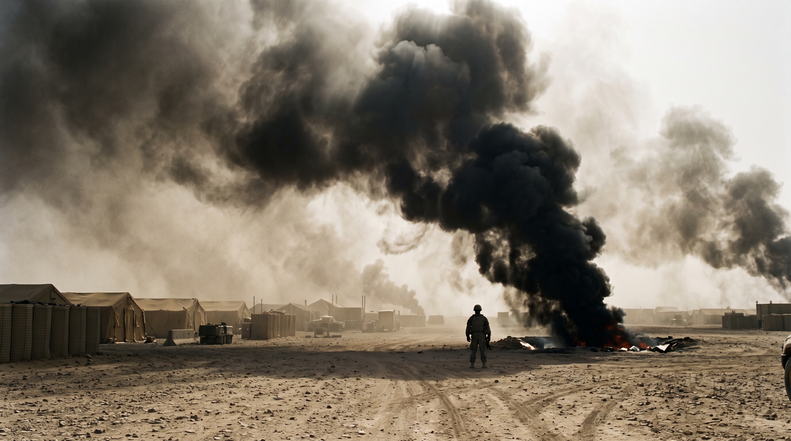A soldier silhouetted against smoke rising from a desert burn pit